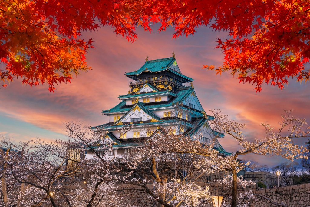 Il castello di Osaka tra gli alberi