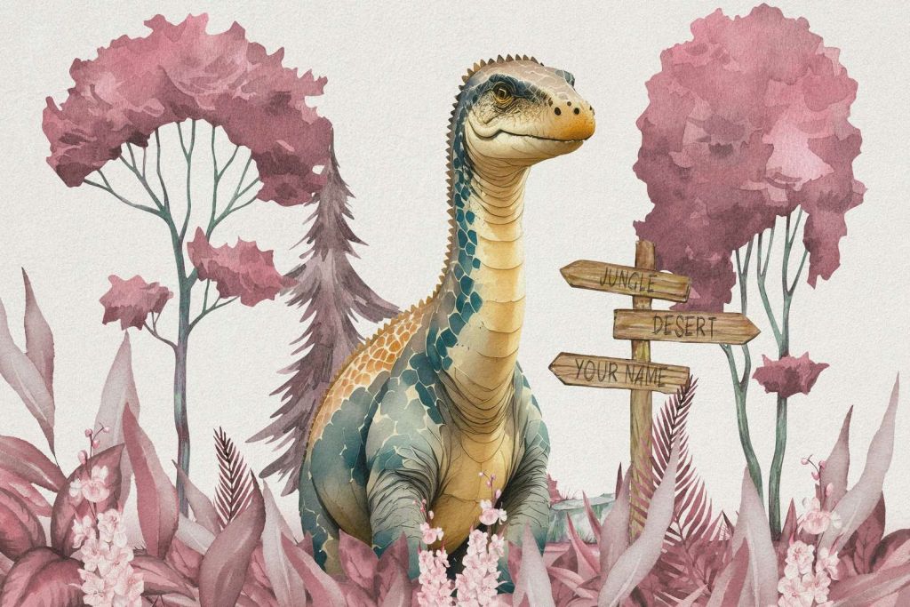 Baby brachiosaurus nella giungla rosa