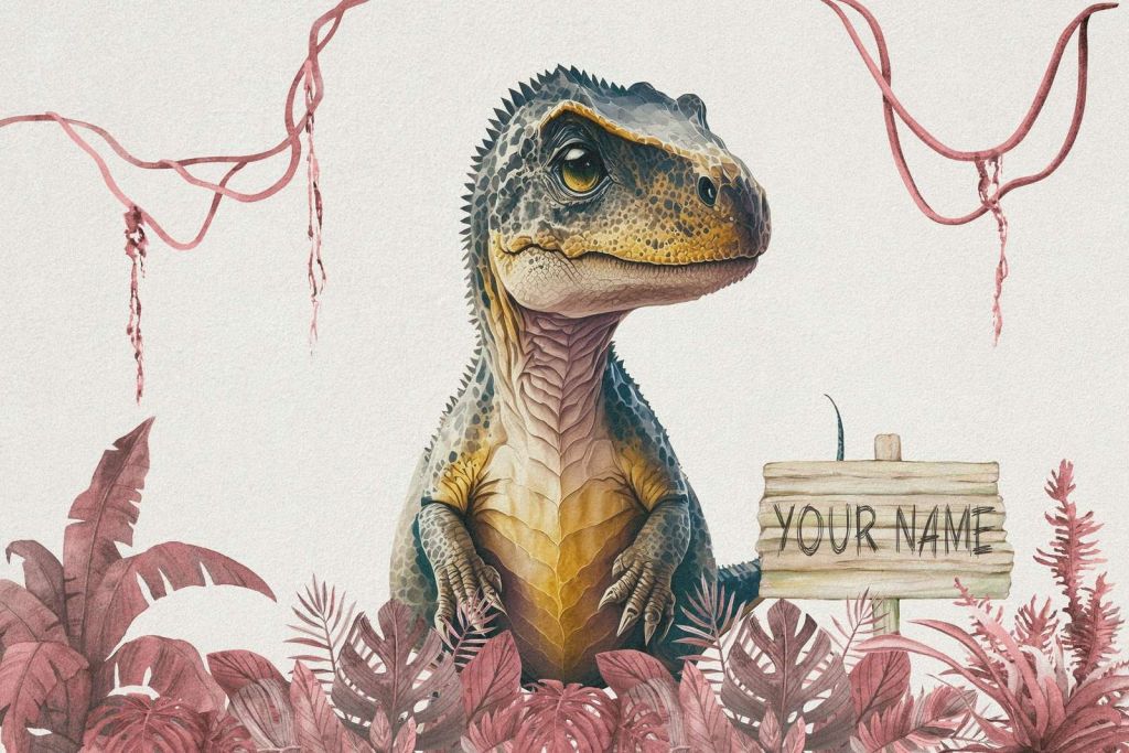 Baby t-rex nella giungla rosa