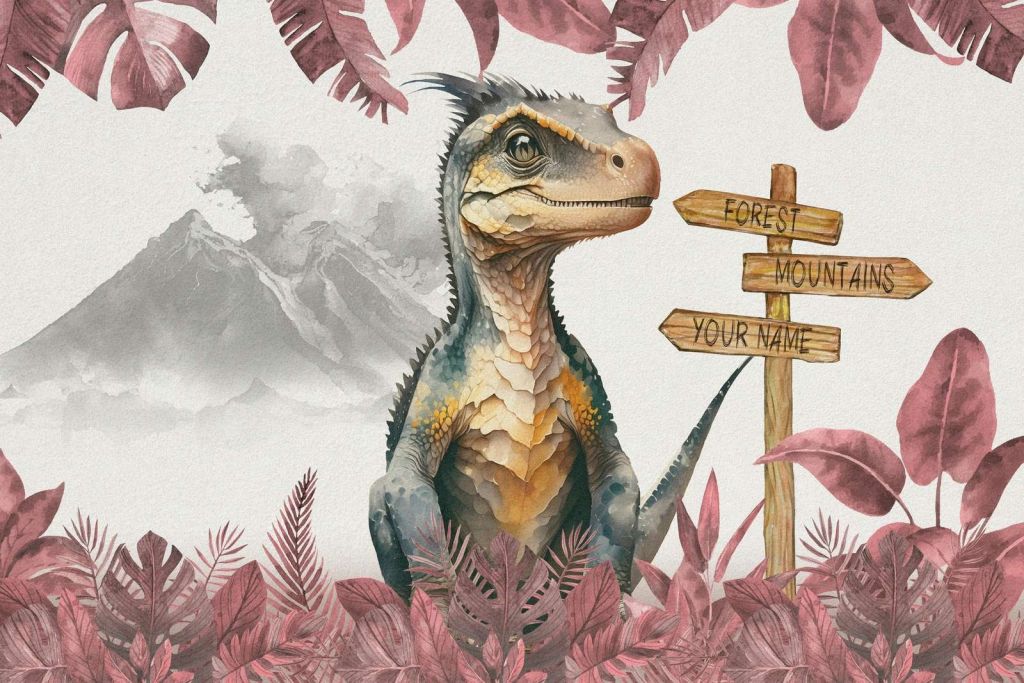 Baby velociraptor nella giungla rosa