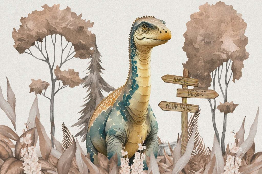 Baby brachiosaurus nella giungla taupe