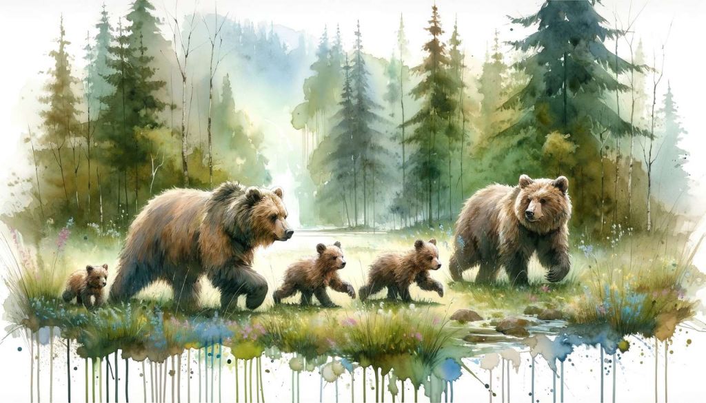 Watercolor Bear Family In The Forest