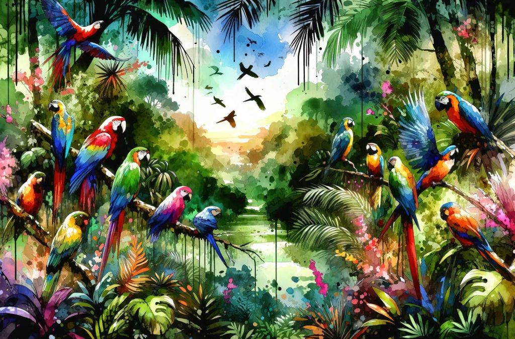 Watercolor Tropical Birds In The Jungle