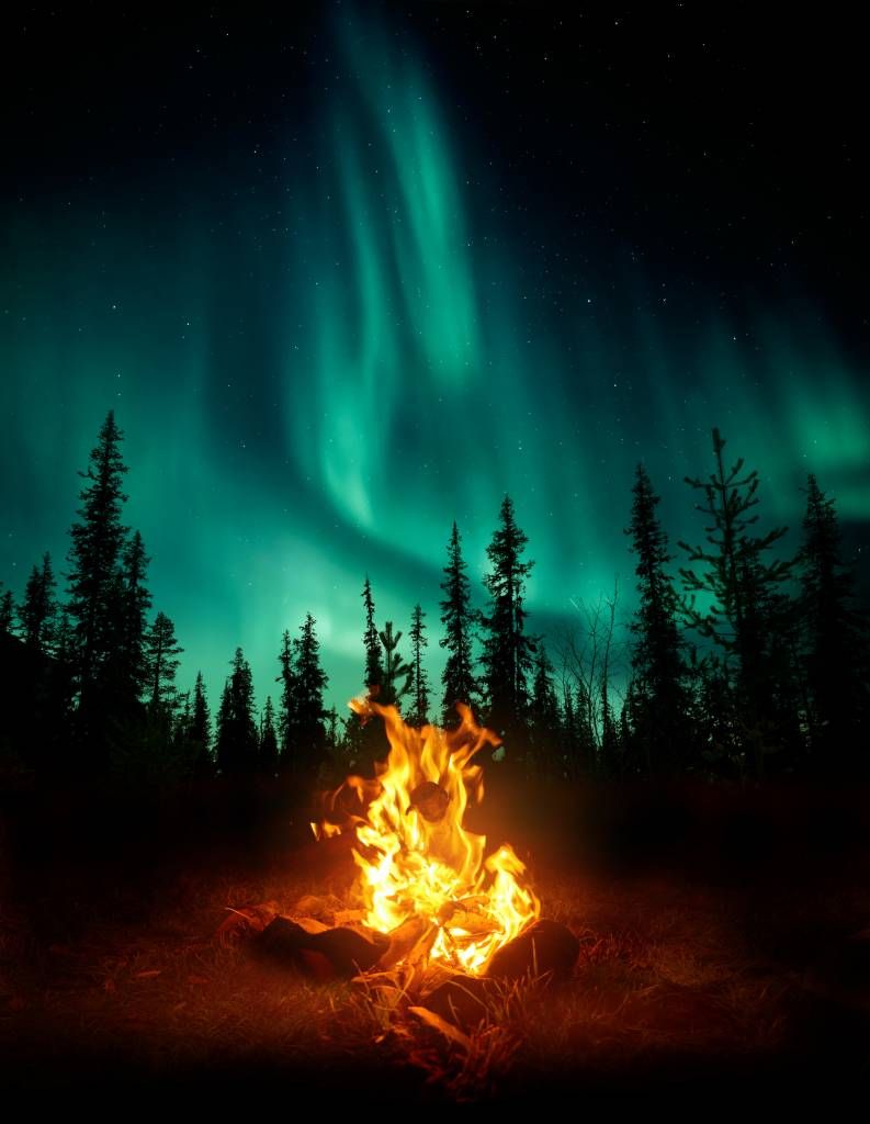 Incendio sotto l'aurora boreale